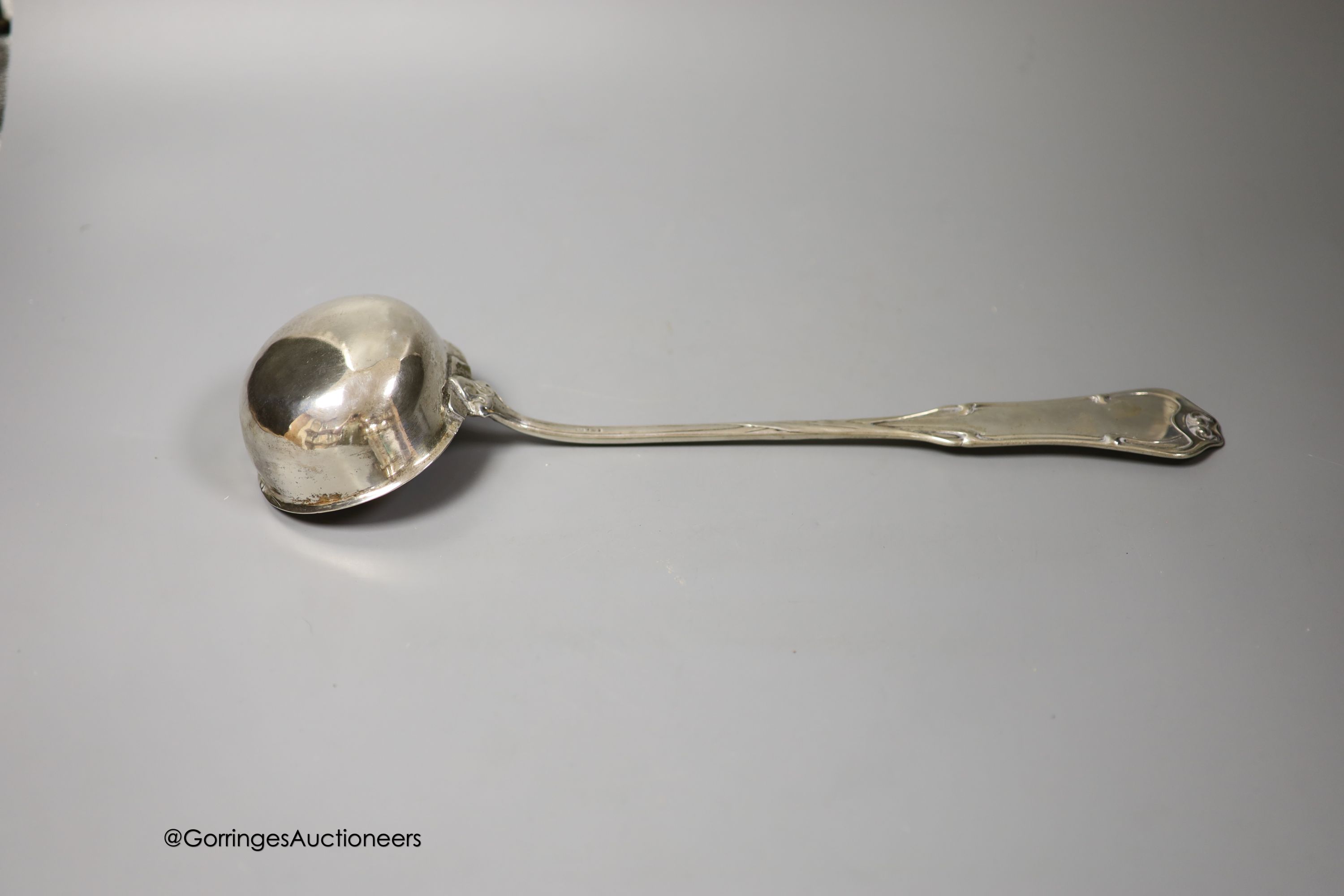 A German 800 standard white metal soup ladle, with engraved initial (a.f.), 36.7cm, gross 8oz.